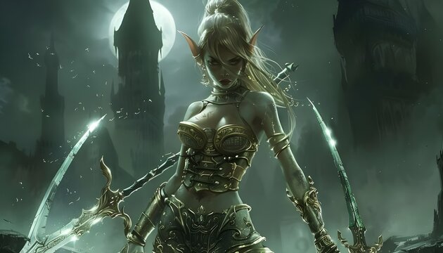 Elf fantasy warrior with two swords