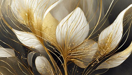 Abstract White and gold flower. Large petals and golden filaments on a gray shaded background. Elegant digital illustration.