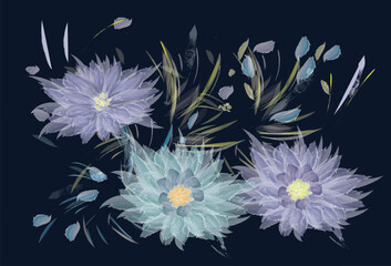Three flowers and petals are painted with purple and turquoise watercolor brushes. Vector illustration isolated on a dark background.