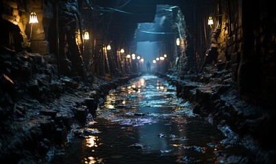 Naklejka premium Dark Alley With Water Reflection