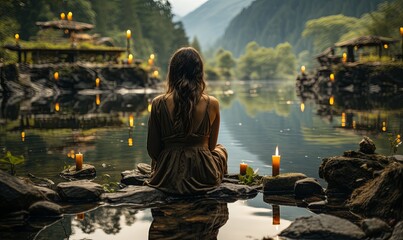 Woman Sitting on Rock by Water