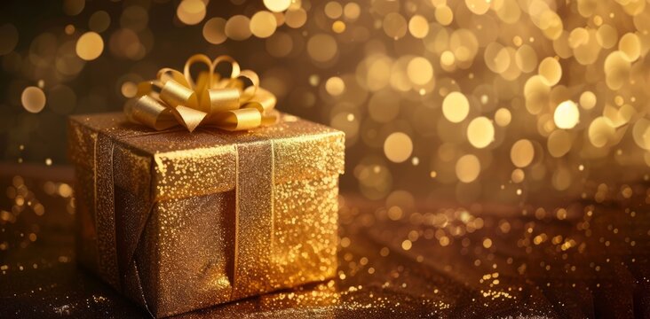 A gift in a gold package on a blurred background and copy space
