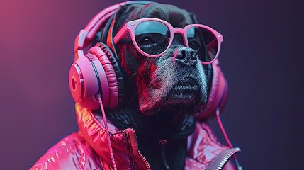 A dog in pink glasses and headphones in a pink jacket listens to music