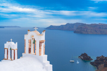 View of Oia town on Santorini island in Greece. Travel mediterranean aegean of traditional cycladic...