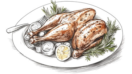 Roasted turkey on a plate hand drawn engraving sket