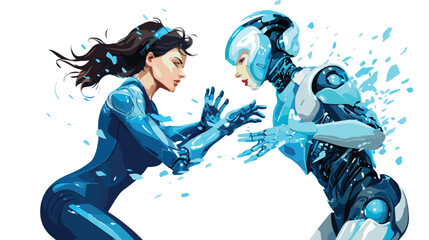 Robotic Cyber Woman is fighting flat vector isolate