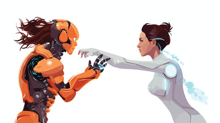 Robotic Cyber Woman is fighting flat vector isolate