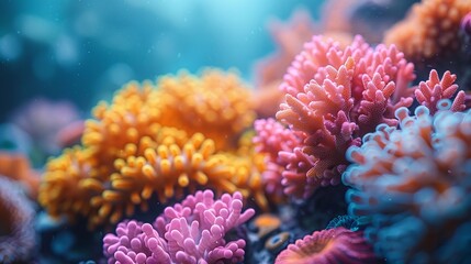 close up of colorful sea coral reef claymation, penetration light, text copy space