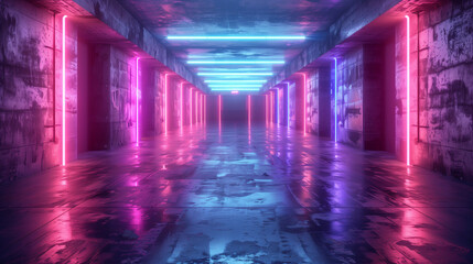 Modern Futuristic Sci Fi Concept Club Background Grunge Concrete Empty Dark Room With Neon Glowing Purple And Blue Pink Neon Lights.