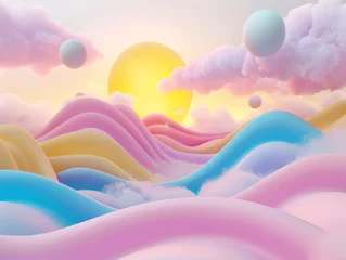 Schilderijen op glas Surreal 3D landscape with rolling hills and floating spheres under a sunset sky. Digital art illustration with a dreamy atmosphere.  © Oksana Malenkova