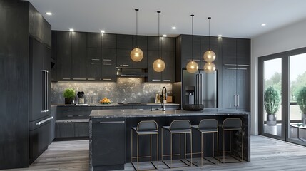 Modern style kitchen featuring textured cabinets in a charcoal gray finish for added depth - obrazy, fototapety, plakaty
