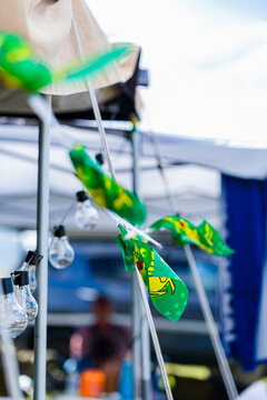 Aussie bunting and lights strung up around campground for Australia Day