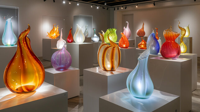 A gallery of handcrafted glass sculptures under soft lighting