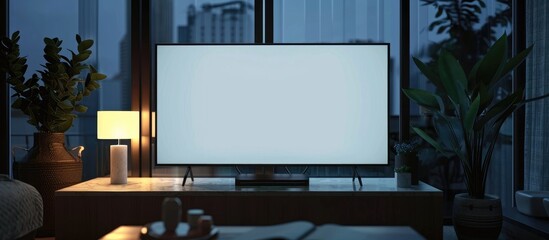 Blank TV screen mockup in dark interior, front view. Empty plasma display in living room. Clear smart panel monitor.