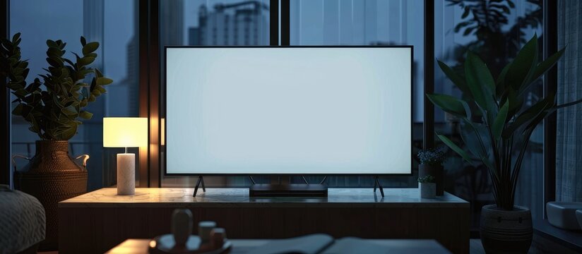 Blank TV screen mockup in dark interior, front view. Empty plasma display in living room. Clear smart panel monitor.