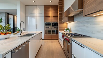 Fototapeta na wymiar Modern style kitchen showcasing floating cabinets with integrated recessed handles for a seamless look