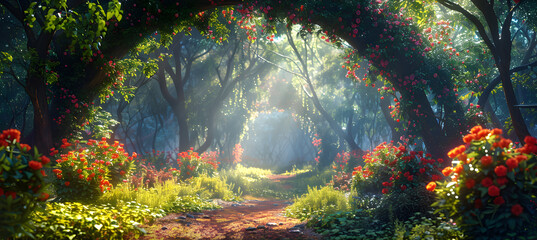 Unreal fantasy landscape with exotic fairytale forest, garden of eden, and lush green oasis. 3D illustration.