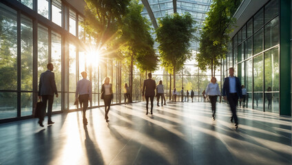 Blurred background of people walking in a modern office building with green trees and sunlight , eco friendly and ecological responsible business concept image with copy space

 - Powered by Adobe