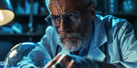 Fototapeta premium A focused scientist with obscured face engages with advanced equipment, enhancing the relentless pursuit of knowledge in a lab