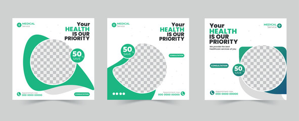 Medical service social media post design template, healthcare social media template, hospital social media banner ads, medical promotion square post design.