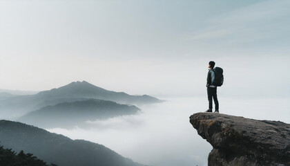 Fototapeta premium バックパックを背負って崖の端に立って壮大な景色を眺めている男性