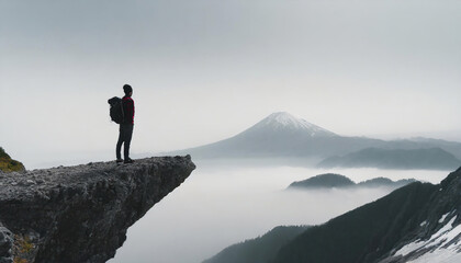 バックパックを背負って崖の端に立って壮大な景色を眺めている男性