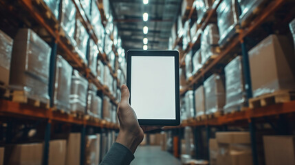 Hand of some one and a tablet white screen in a warehouse. Geenerative Ai Illustration. - obrazy, fototapety, plakaty