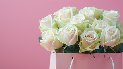White roses on a pink background in a package, flower delivery, commercial shot, with space for text, banner