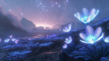 Symbiotic Dance: Alien Flowers and Bioluminescent Insects - obrazy, fototapety, plakaty