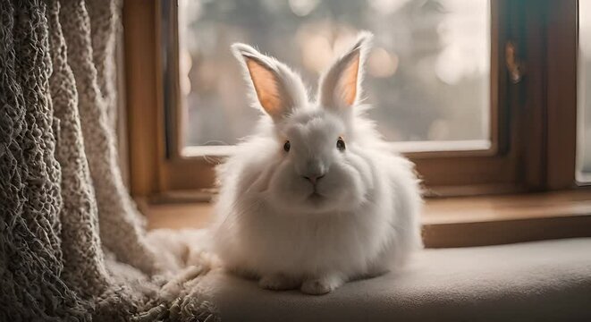 White Angora Rabbit Sitting in Front of a Window, fluffy fur, perked ears 