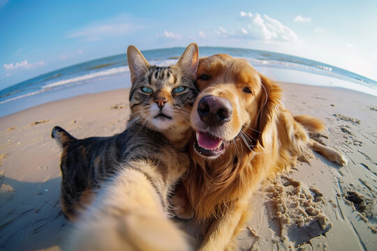 A happy dog and tabby cat taking a selfie on the beach