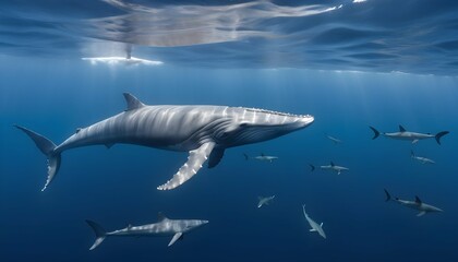 A Blue Whale With A School Of Hammerhead Sharks Sw