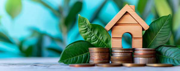 A wooden house is surrounded by a pile of coins among the leaves. Concept of investing in ecological housing, home insurance, investment mortgage financing - obrazy, fototapety, plakaty