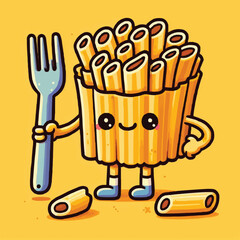 Hand drawn pasta cartoon illustration character yellow background