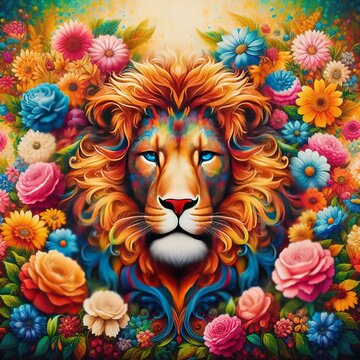 Original oil painting Painted lion in colorful colors Beautiful blue glassy eyes Contemporary painting Elongated format 