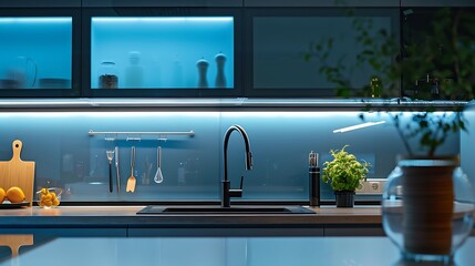 Modern style kitchen with frosted glass cabinets illuminated from within for a soft, diffused glow