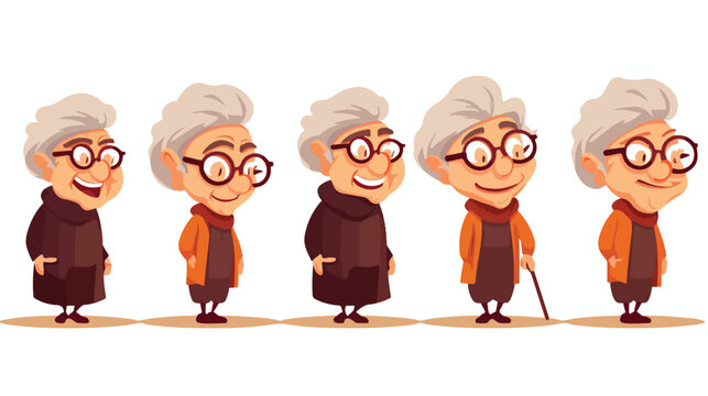 Warm gradient line drawing of a cartoon happy old woman