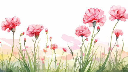 Watercolor illustration of a spring Carnation Field