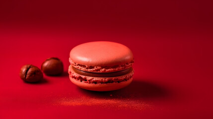 Obraz na płótnie Canvas red French macaroon in center on red background