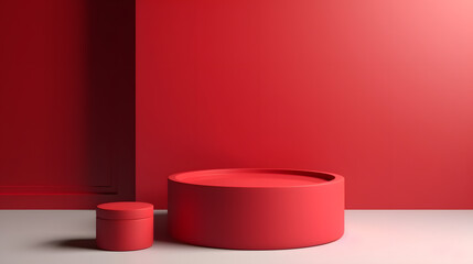 red podium mockup. Realistic 3d vector pedestal for cosmetics presentation with a window shadow on wall. Elegant visual background for promoting women makeup