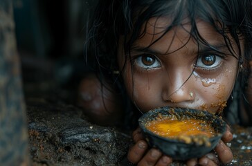 A young girl with poignant eyes eats from a bowl, reflecting a moment of survival amidst adversity