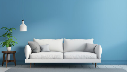 sofa against blue wall in beautiful modern scandinavian interior design of living room.