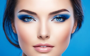Fototapeta premium Image of a close up of a beautiful woman's face on blue background