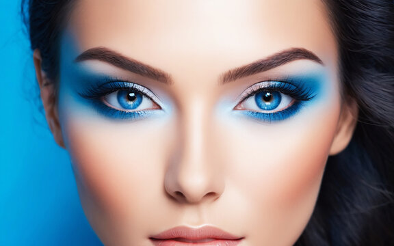 Image of a close up of a beautiful woman's face on blue background