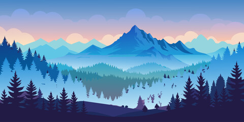 Landscape with mountains and coniferous forest. Vector illustration. - obrazy, fototapety, plakaty