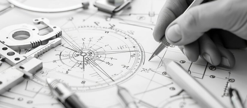 Architect creating house design plan with compasses and geometric drawing.