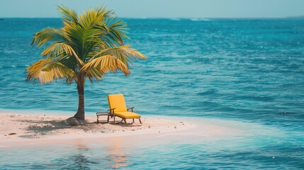 One yellow lounge chair next to a palm tree on a tiny sand island in the middle of the Caribbean tropical ocean. - obrazy, fototapety, plakaty