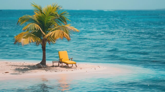 One yellow lounge chair next to a palm tree on a tiny sand island in the middle of the Caribbean tropical ocean.