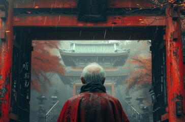 In this vivid image, an elderly man in a red cloak stands contemplating a misty, traditional Asian temple surrounded by autumnal trees