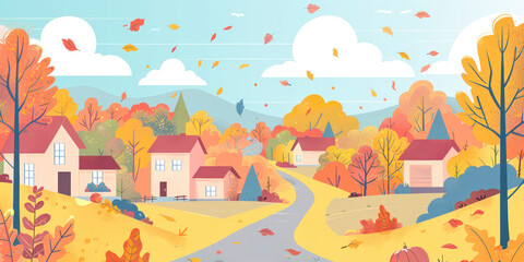 Autumn nature, village landscape. Flat style illustration.